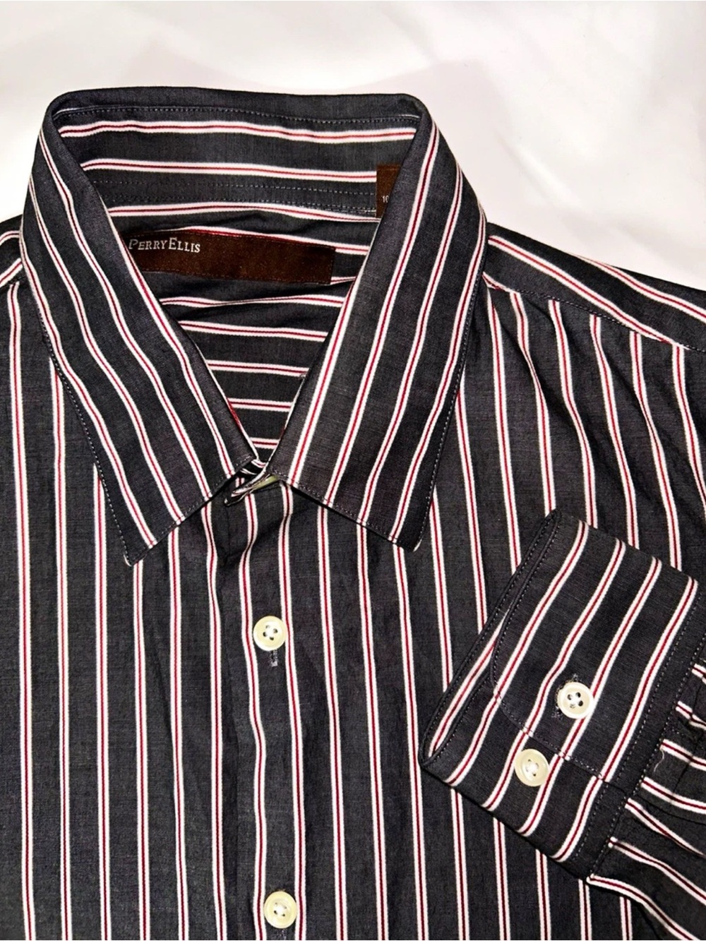 Perry Ellis Black Button-Up Shirt with White and Red Pinstripes